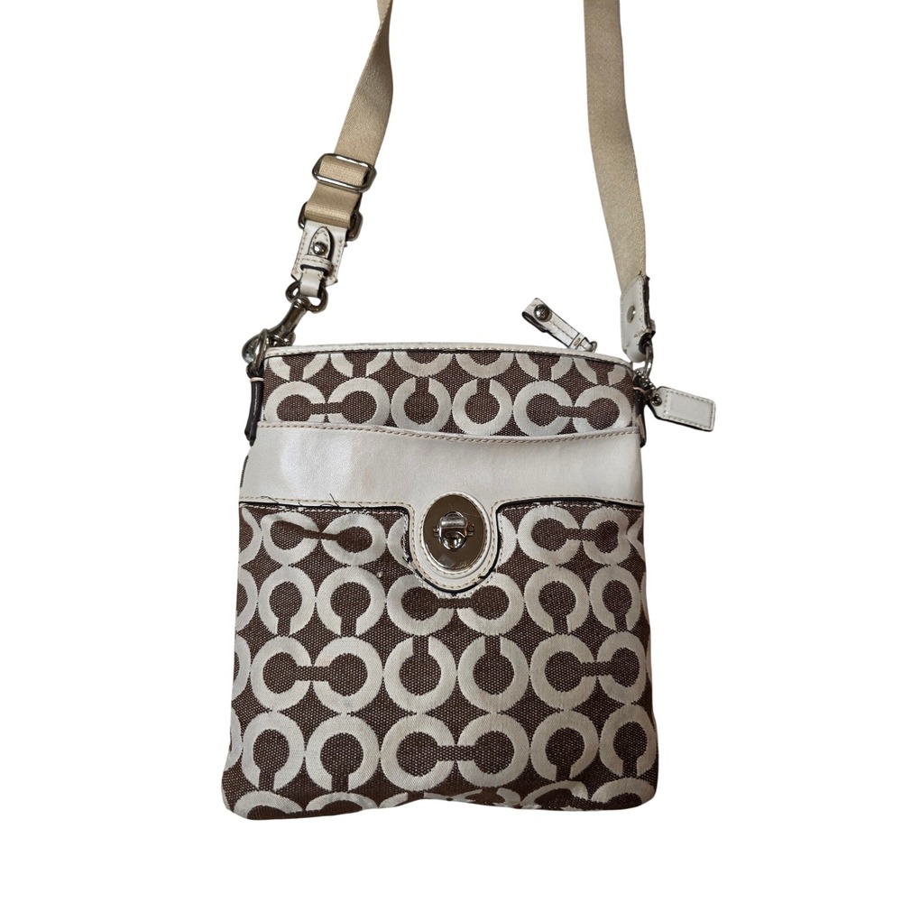 Coach Signature C Monogram Crossbody Bag Brown White Leather‎ Trim Turnlock